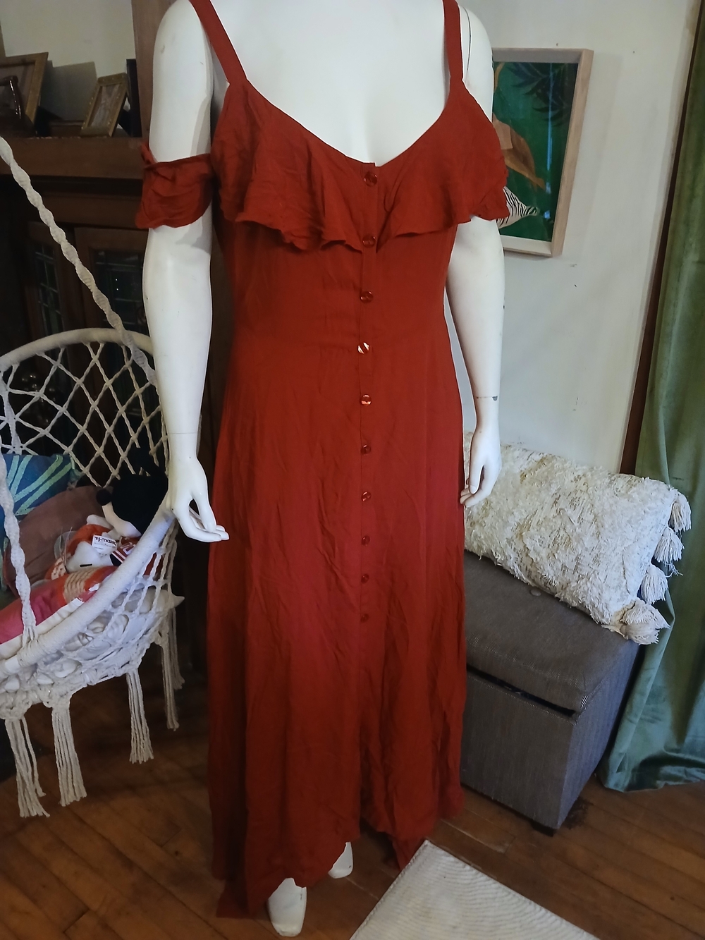 Women's Red Ruffle Button-Front Dress - Picture 2 of 6